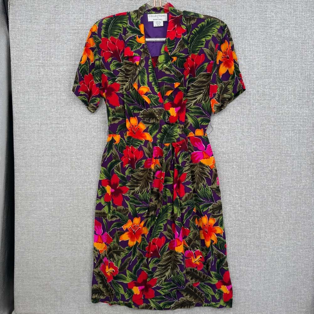 Vtg Collections by Michelle Stuart Silk Dress Women 12 Floral Tropical Purple